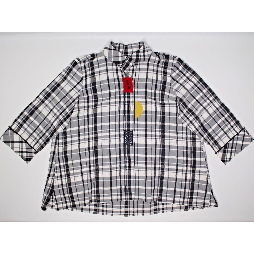 Ali Miles Plus Size 1X 80s 90s Style Black White Check Blouse Top Artsy Pockets